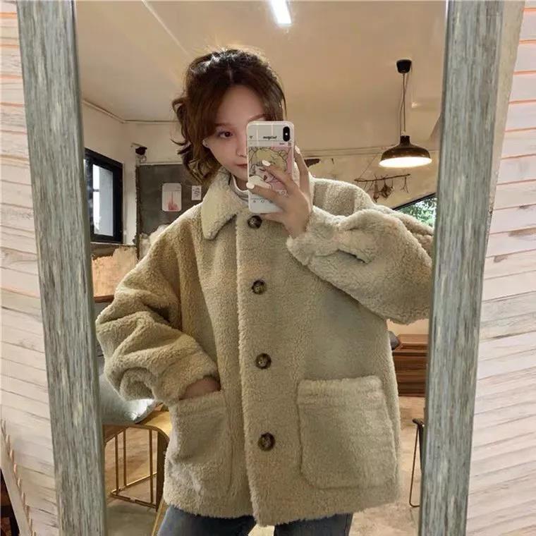 Áo Khoác Cotton Len Lông Cừu Dày Dáng Rộng Ấm Áp Thời Trang Thu Đông Phong Cách Hàn Quốc Mới 2021