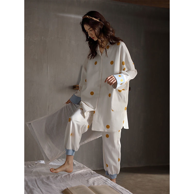Bộ đồ ngủ cotton tay dài phong cách Hàn Quốc dành cho nữ