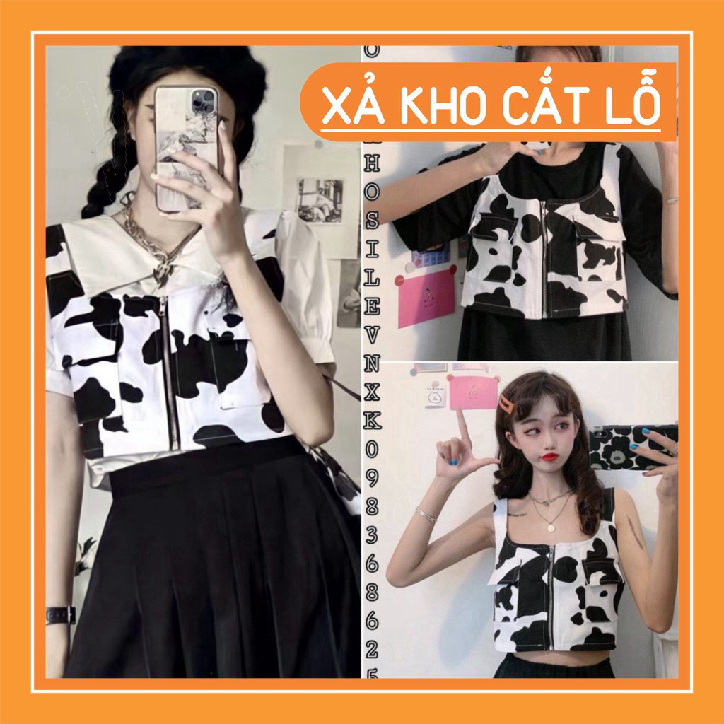 ÁO CROPTOP GILE DÁNG BA LỖ HỌA TIẾT BÒ SỮA KHÓA KÉO ULZZANG - Áo khoác gile croptop bò sữa [ Deal khủng ]