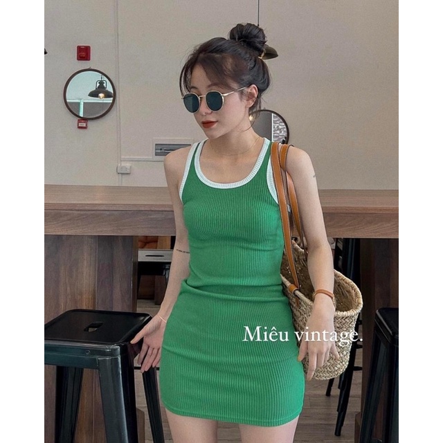 [Ảnh thật/Video] Đầm ôm body phối viền trắng Hàn Quốc tôn dáng