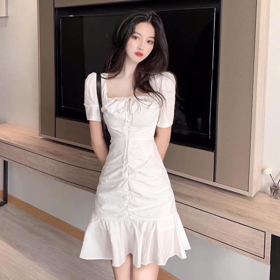 Váy Trắng Cổ Vuông Tay Bồng Rút Nơ Tiểu Thư Nhẹ Nhàng