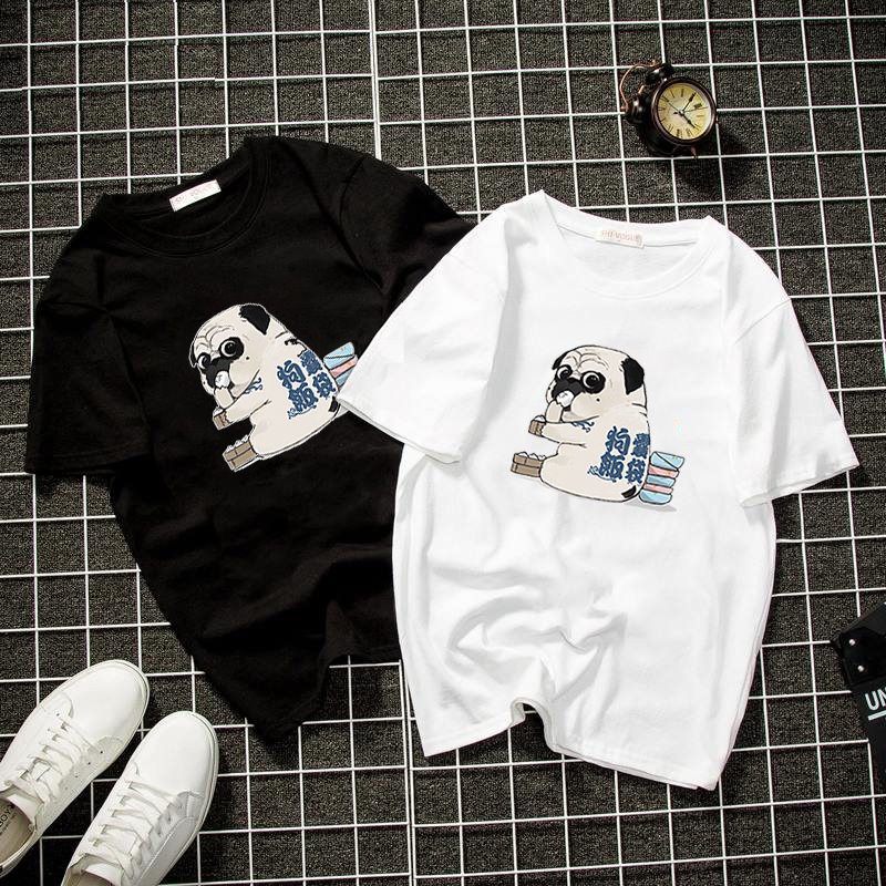 Áo thun unisex form rộng chó pug dễ thương vải dày mịn 2019T2108