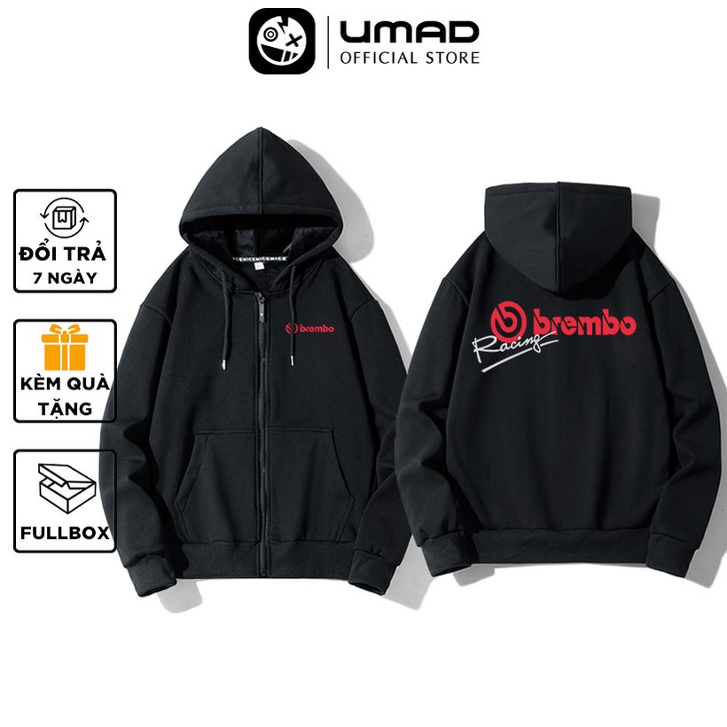 Áo khoác dây kéo UMAD unisex racing biker BREMBO nam nữ vải nỉ cotton cao cấp co giãn thoáng mát