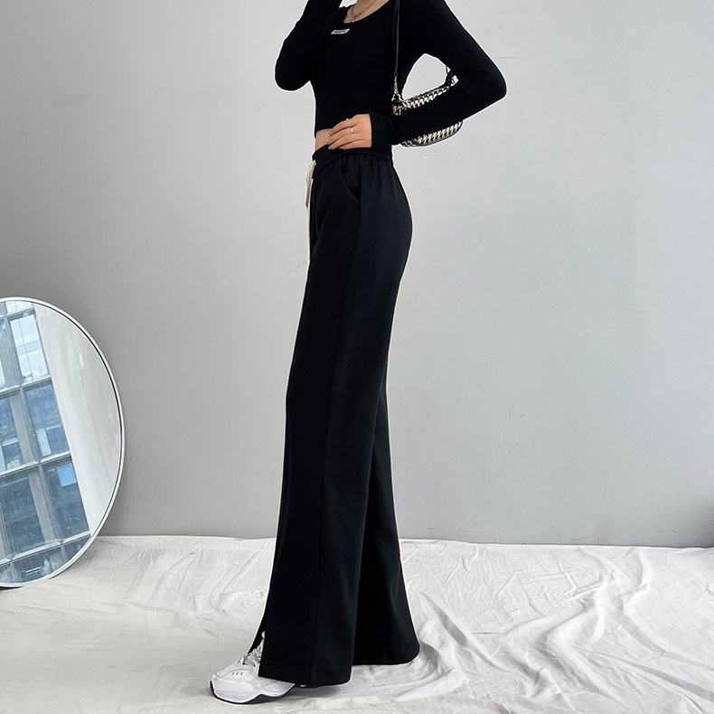 SUXI Quần Dài Ống Rộng Màu Đen Lưng Cao Phối Dây Rút Thiết Kế Đơn Giản Cho Nữ