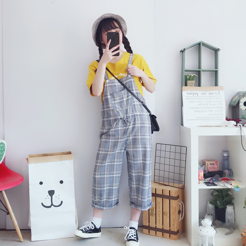 [Order] Quần yếm baggy lửng ULZZANG caro xám cute phong cách LOLITA (ẢNH THẬT CUỐI)