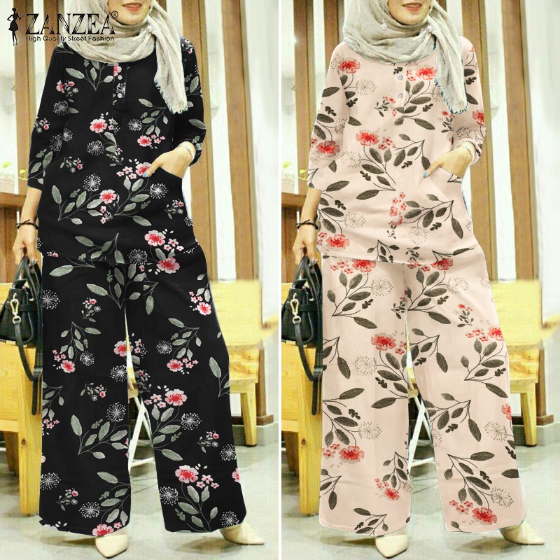 Zanzea Set Áo Tay 3 / 4 + Quần Dài Ống Rộng Phong Cách Hồi Giáo Cho Nữ