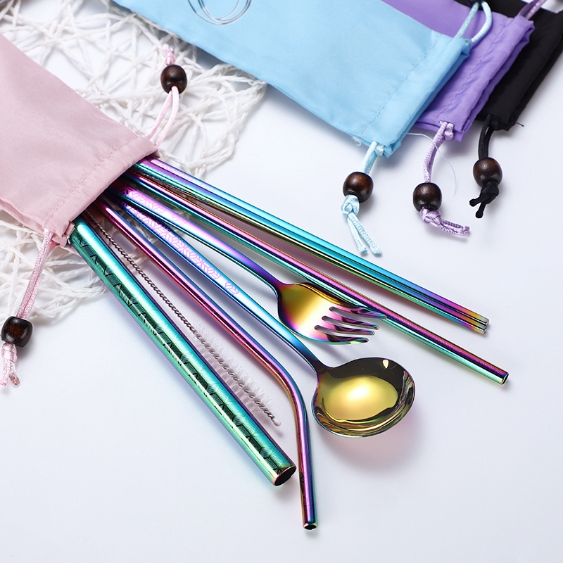 304 Food Stainless Steel Reusable 8pcs Set Metal Printing Straws Chopsticks Fork Spoon Straw W/ Cute Pouch Set