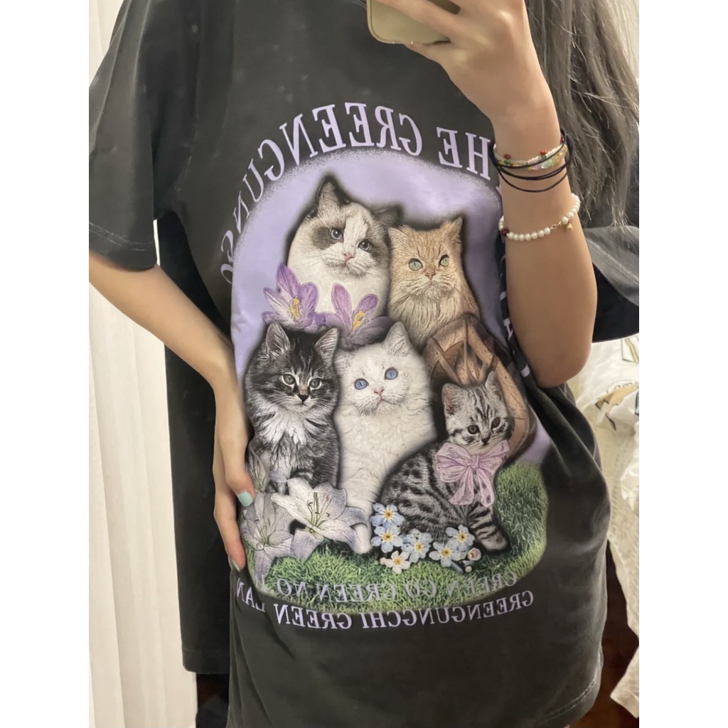 Áo Thun Tay Ngắn Cổ Tròn Form Rộng In Họa Tiết Hoạt Hình Phong Cách retro Mỹ