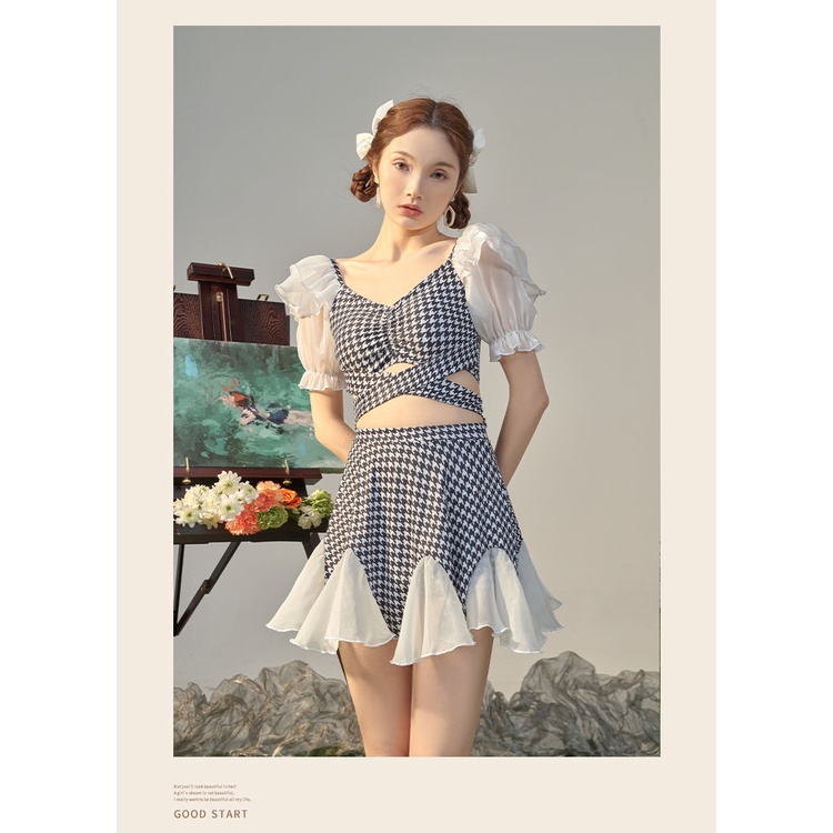 Bộ đồ bơi nữ bikini đi biển croptop cộc tay váy quần caro viền voan kín đáo tôn dáng phong cách kawaii nhật bản