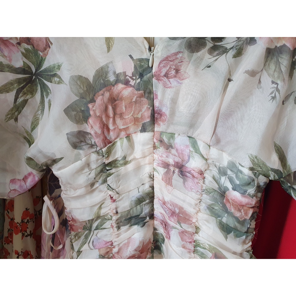 Đầm kimono body sexy màu be họa tiết hoa nhún bèo voan tơ Size S