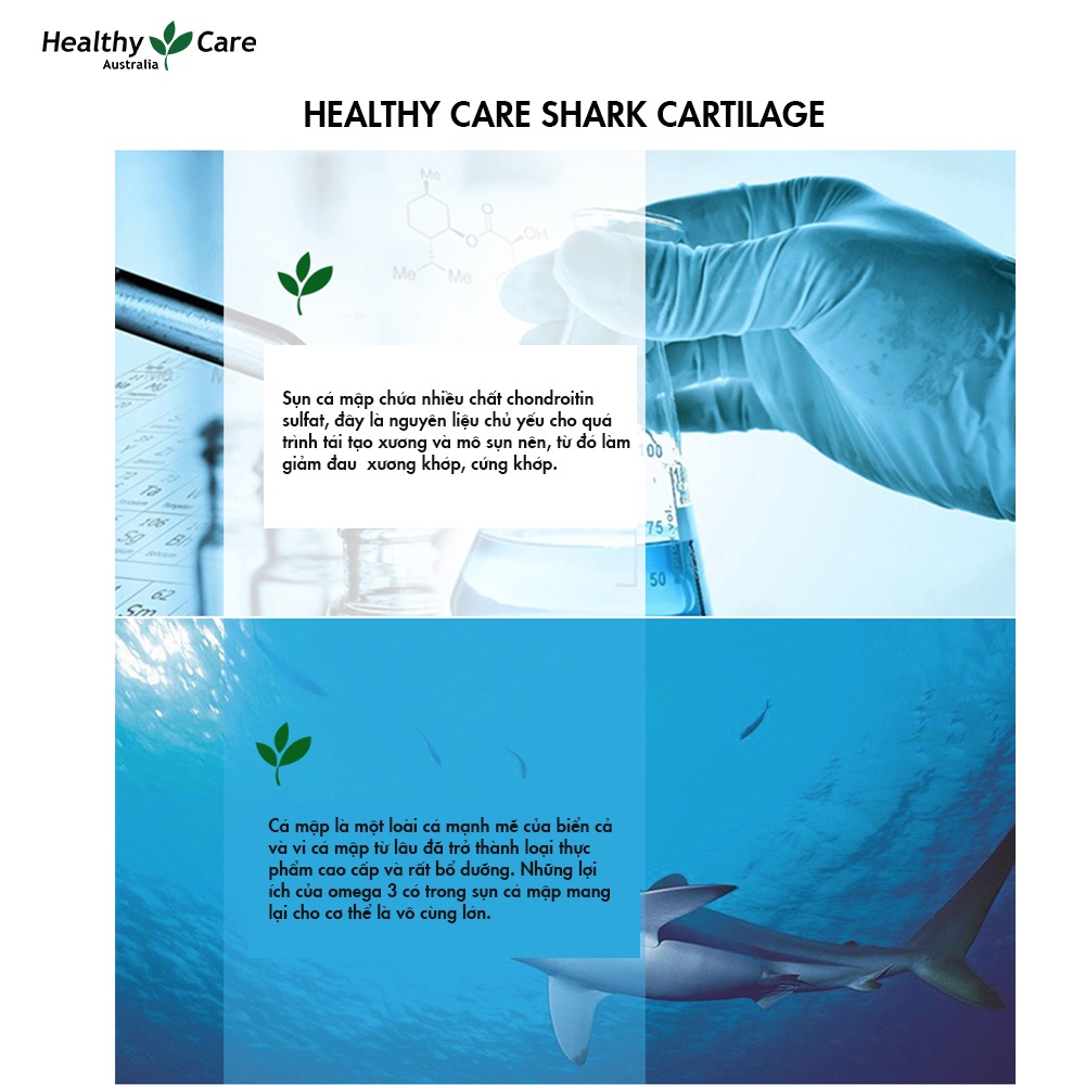 Viên Uống Hỗ Trợ Xương Khớp Chiết Xuất Sụn Vi Cá Mập Heathy Care Shark Cartilage 750MG 200 Viên