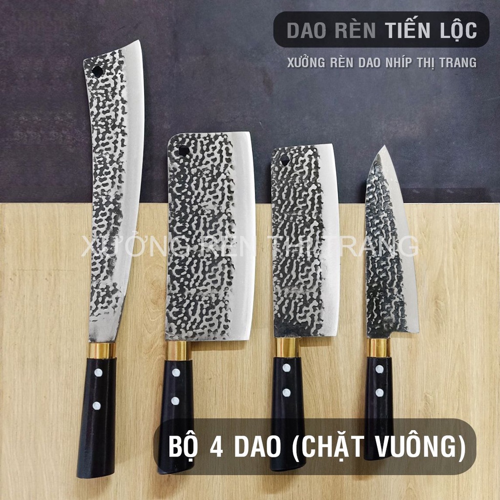 Bộ Dao Nhà Bếp Đa Năng - Rèn Từ Thép Nhíp Dập Vân 2 Mặt, Dùng Chặt Cây, Chặt Xương, Thái Lọc Thịt