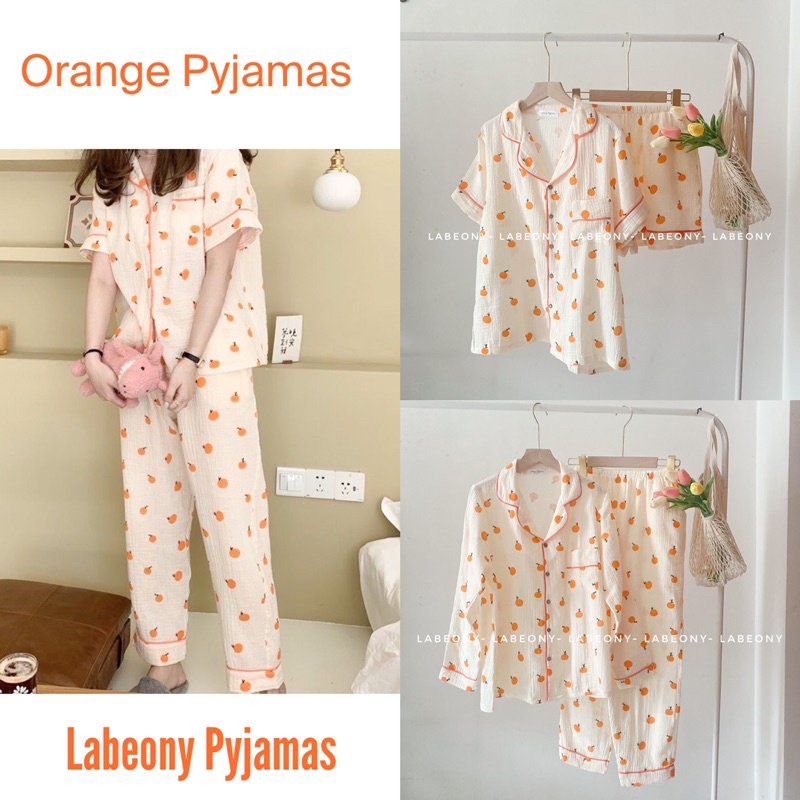 Đồ mặc nhà cao cấp Pyjamas đồ bộ nữ Họa tiết trái cam muslin cao cấp Labeony