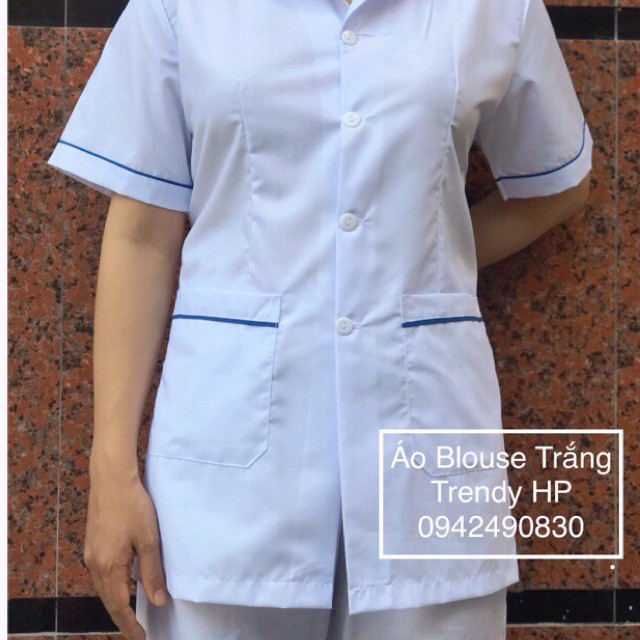 Bộ quần áo điều dưỡng nam nữ có viền xanh cho thực tập sinh - áo điều dưỡng, y tá có cầu vai xanh