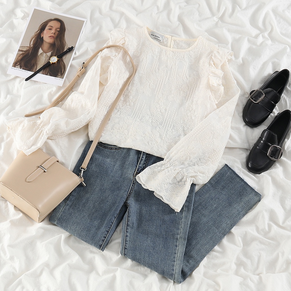 NUZIRO  Áo kiểu  tay dài cổ tròn phối ren thêu hoa dáng rộng thoải mái