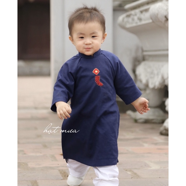 Áo dài tết Thịnh Vượng thêu tay cho bé trai chất liệu linen mềm mại thấm mồ hôi (kèm quần linen trắng)