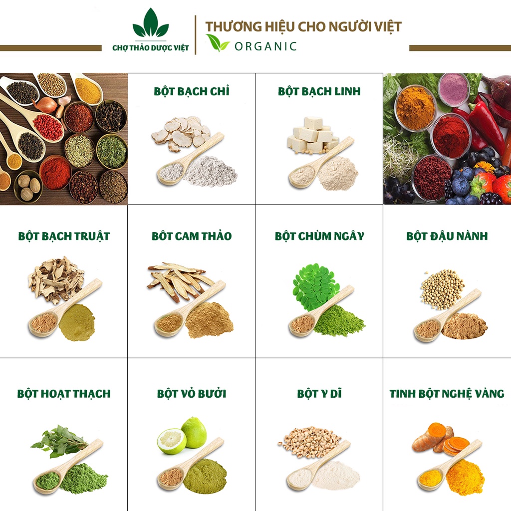 Set 10 loại bột dưỡng da mờ thâm nam (Bột hữu cơ, cấp ẩm, dưỡng trắng, chống lão hóa) - Chợ Thảo Dược Việt