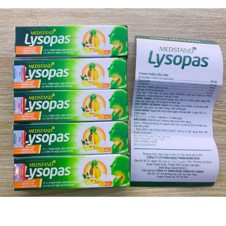 MEDSTAND LYSOPAS – Viên ngậm hỗ trợ thanh họng, giảm ho, đau rát họng kéo dài (tuýp 24 viên)