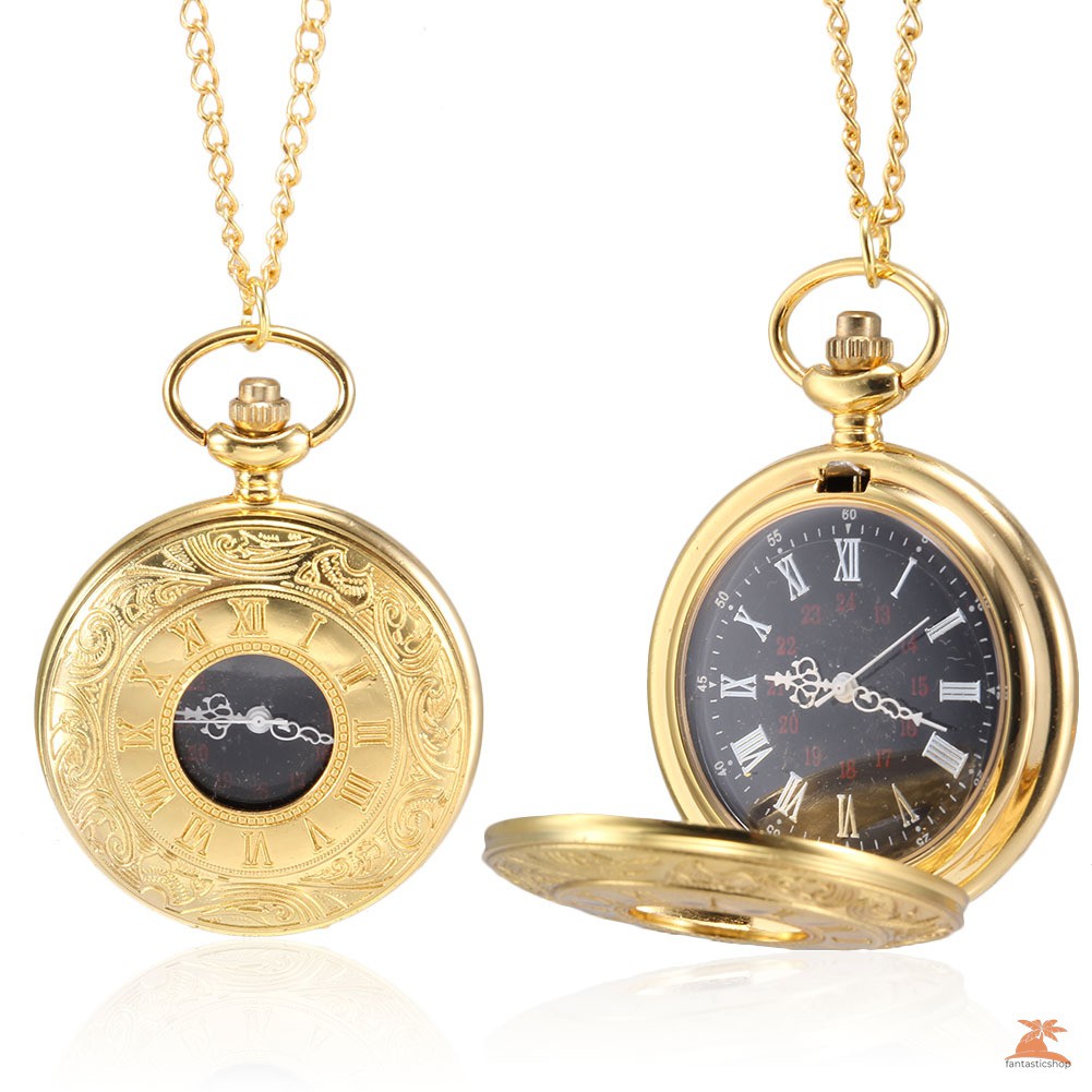 #Đồng hồ bỏ túi# Men Women Quartz Pocket Watch Golden Rome Number Carved Case with Chain