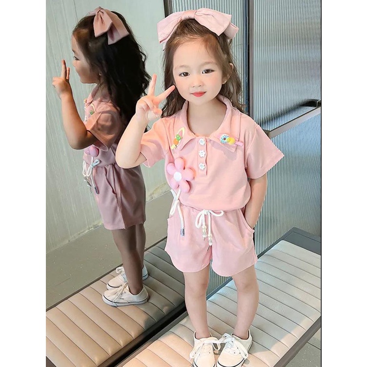Bộ Trang Phục Hai Mảnh Áo Thun POLO Tay Ngắn Thời Trang Mùa Hè 2022 Dành Cho Bé Gái