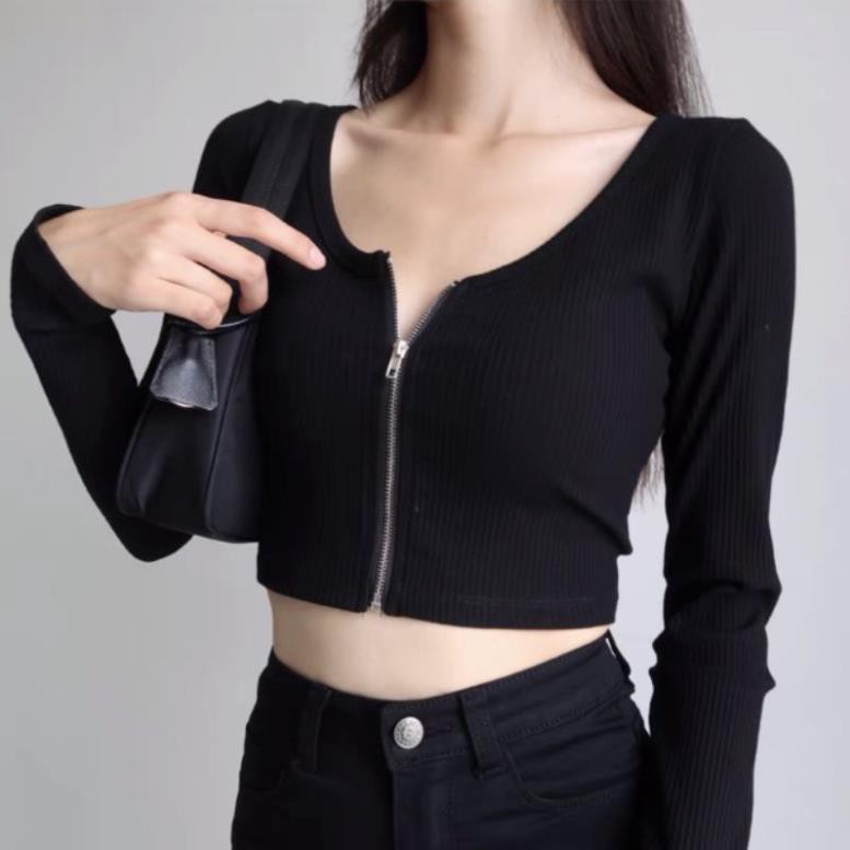 Áo croptop tay dài dây kéo thun gân a4 - Crt dài tay dây kéo chất đẹp Đẹp !