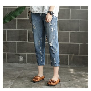 Quần Baggy jean Nữ Lưng Thun size đại lửng 7 tất - quần jean nữ ống suông