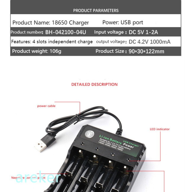 Bộ sạc pin lion rời 18350 16340 14500 18650 3.7V cổng USB nhỏ gọn