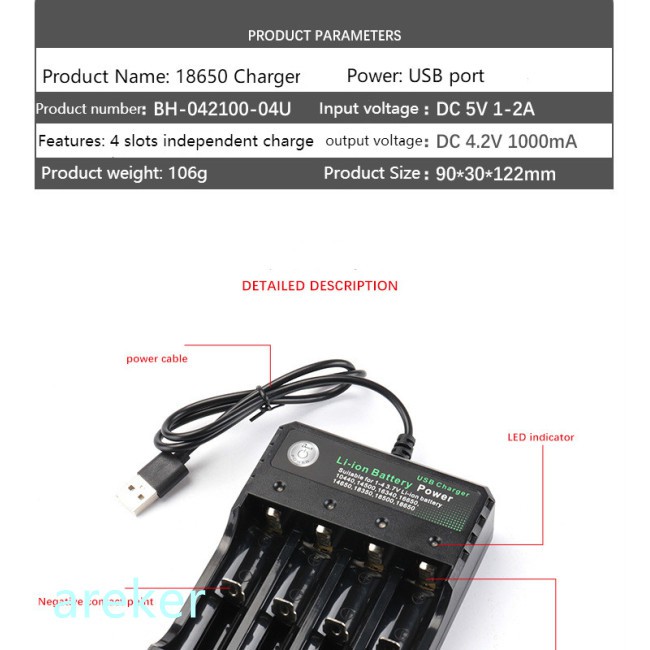 Đế sạc pin Lion rời 18350 16340 14500 18650 3.7V cổng USB nhỏ gọn