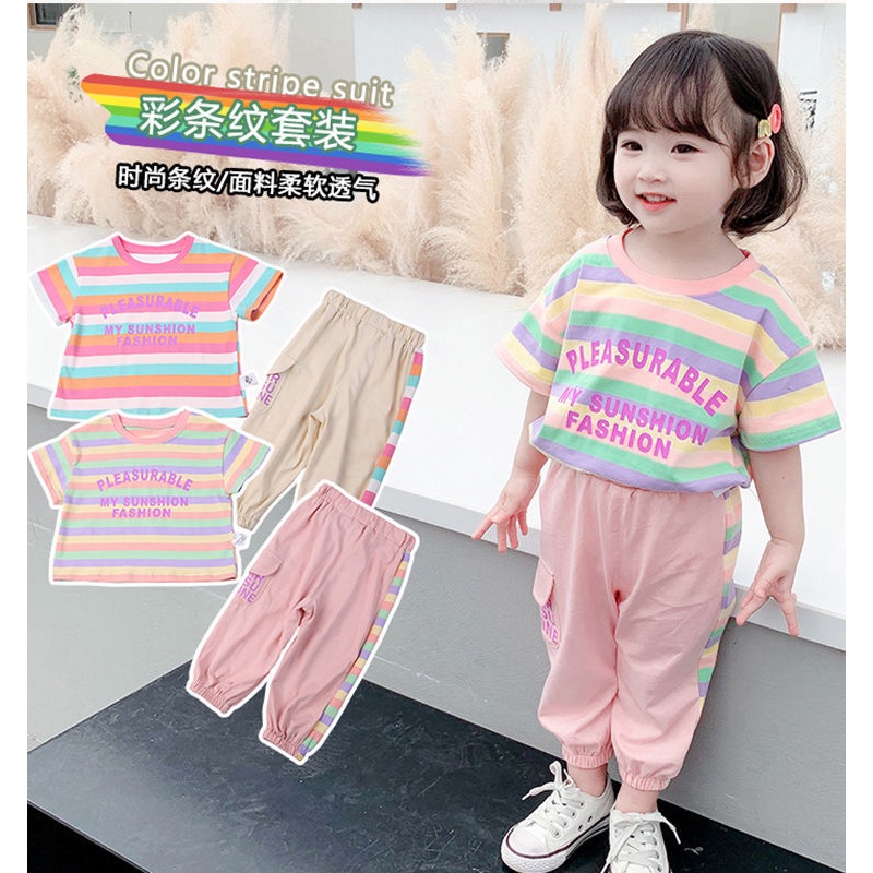 Bộ Áo Thun Cotton Ngắn Tay Kẻ Sọc Cầu Vồng Phối Quần Dài Thiết Kế Dễ Thương Cho Bé