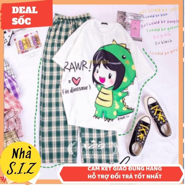 Set Đồ Bộ Nữ Quần Caro Kate Ống Rộng RAWR * Đồ Bộ Hoạt Hình Freesize S.I.Z Fashion | BigBuy360 - bigbuy360.vn