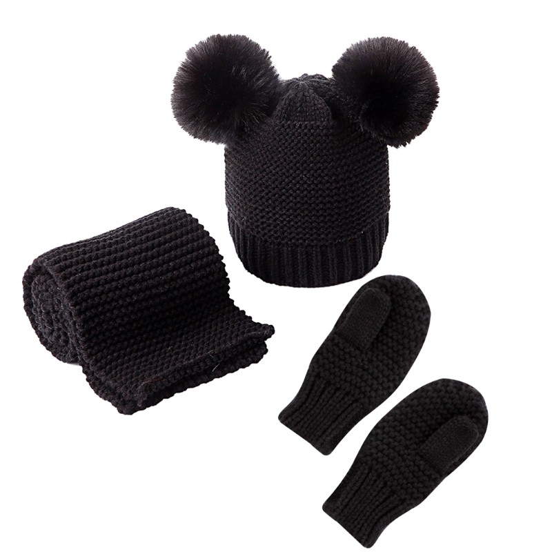 Set Mũ Len Trùm Đầu &amp; Khăn Choàng Cổ &amp; Găng Tay Đính Quả Bông Giả Cho Bé