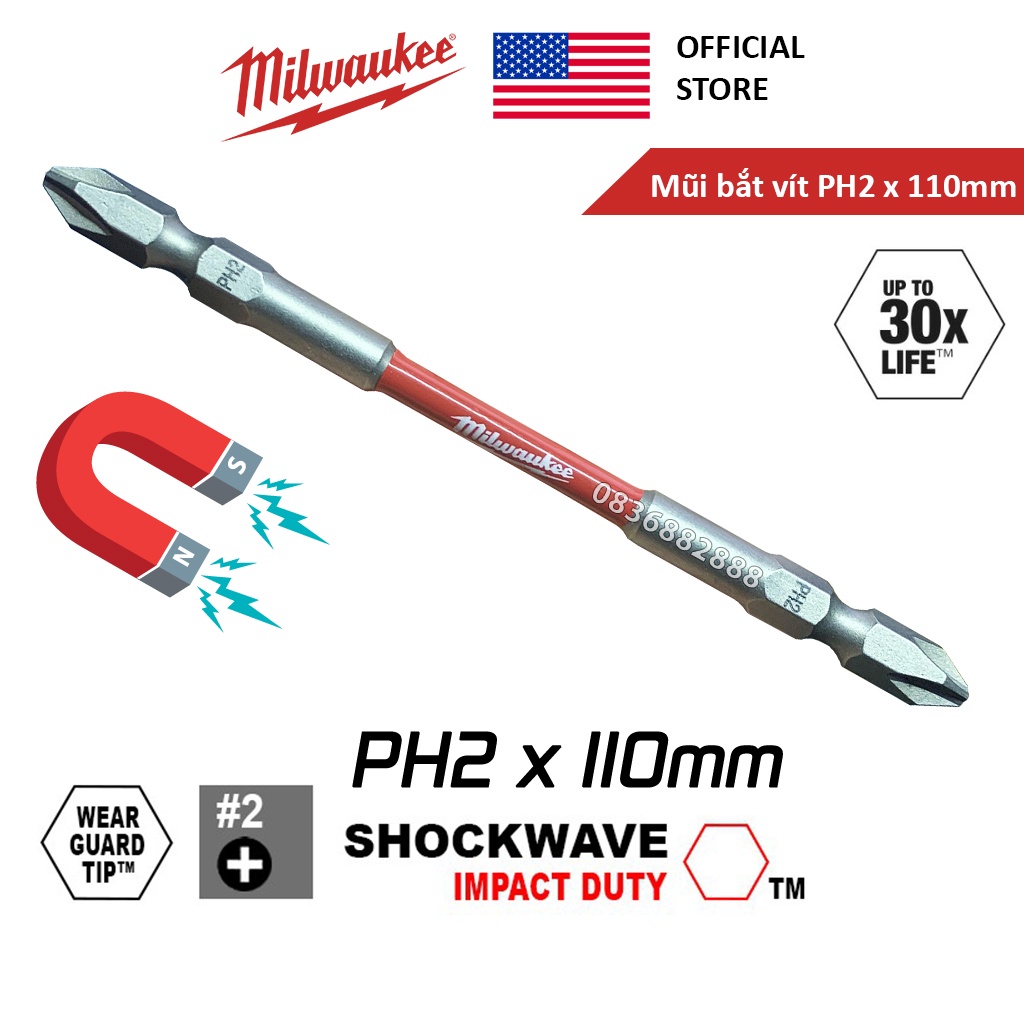 Mũi bắt vít hai đầu dài 110mm PH2 Milwaukee chính hãng Mỹ siêu bền, mũi vít PH2 2 đầu 4 cạnh bake nam châm từ siêu cứng