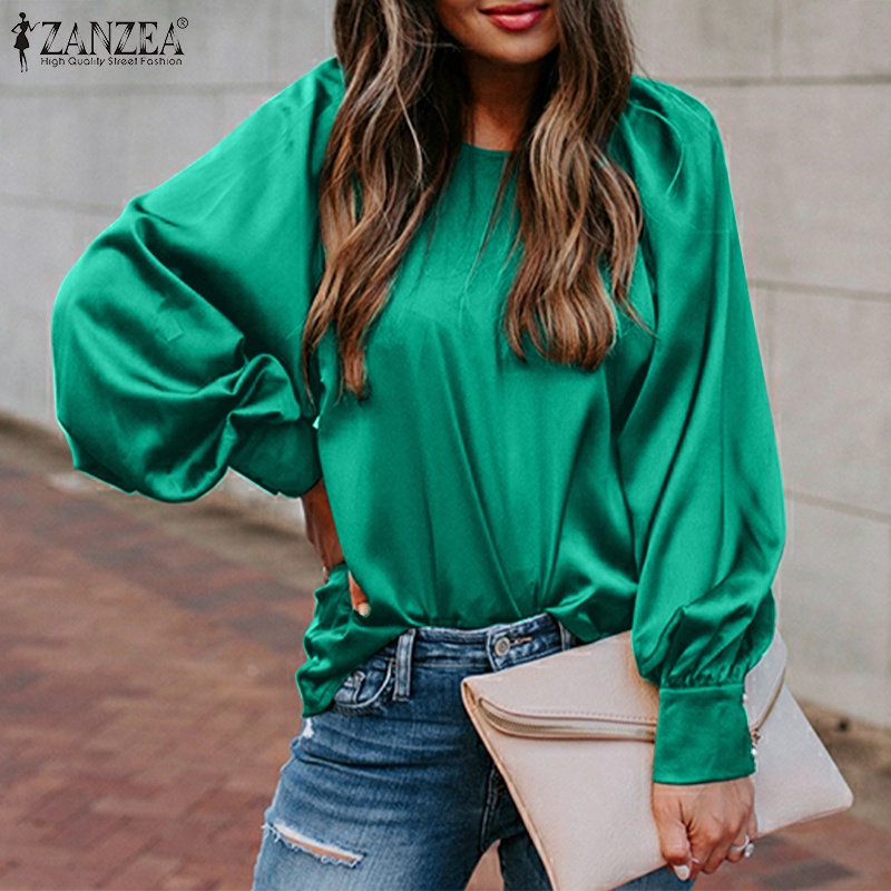 Áo kiểu ZANZEA cổ tròn tay phồng vải satin phối khuy thời trang dành cho bạn nữ