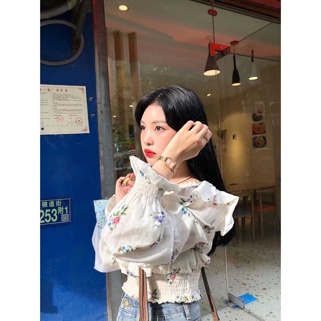 Áo kiểu Hàn Quốc dáng ngắn phối bèo nhún thiết kế mới cho nữ 2021