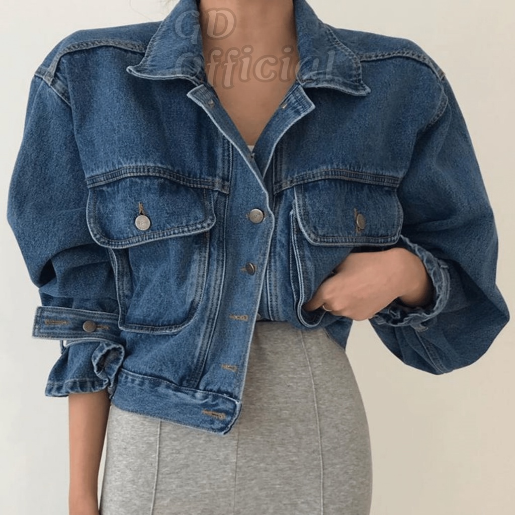 K100|Áo khoác jeans nữ dáng ngắn croptop cá tính màu xanh denim GD Official