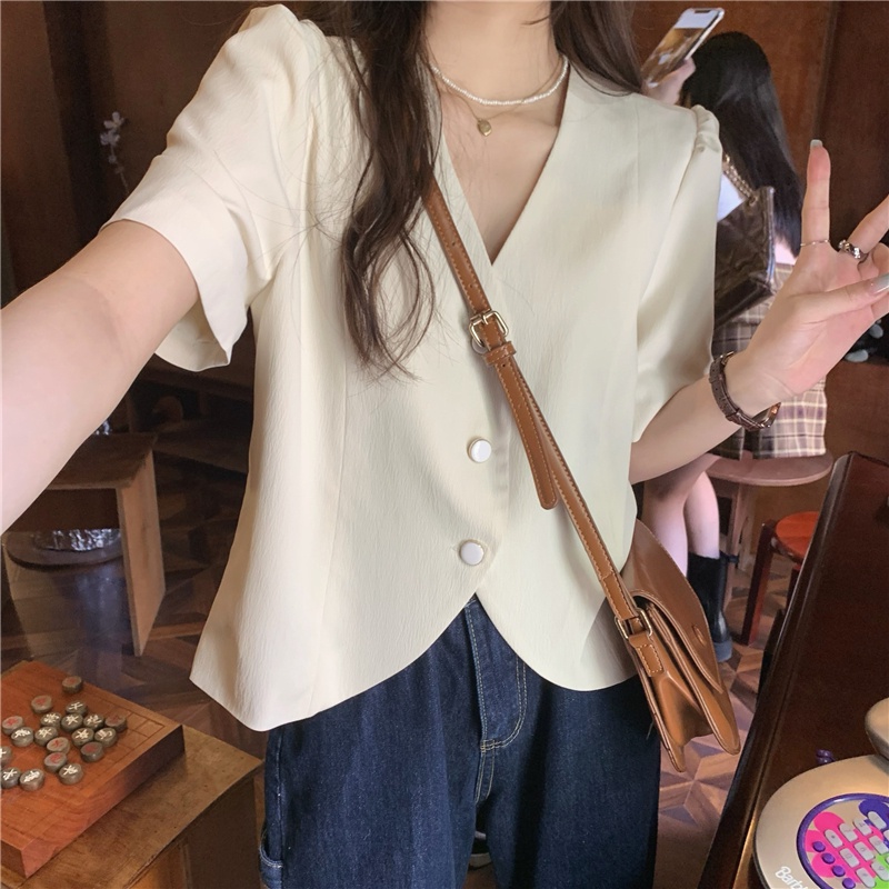 Áo Sơ Mi Nữ Cổ Chữ V Tay Ngắn Cài Một Hàng Nút Màu Hồng 53025