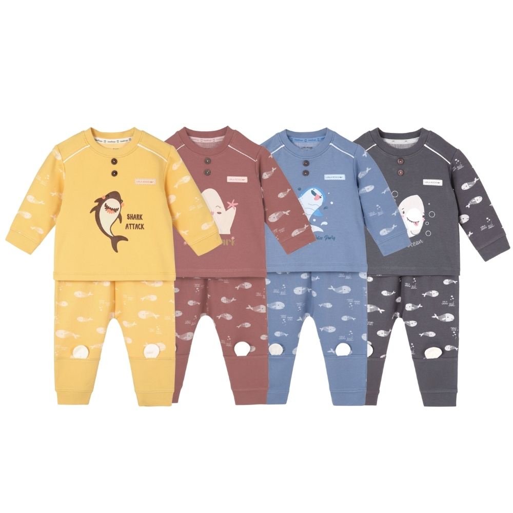 Bộ quần áo dài tay cho bé Ualarogo 6 tháng - 5 tuổi cotton nỉ baby shark cổ tròn bo ống giữ ấm 3929