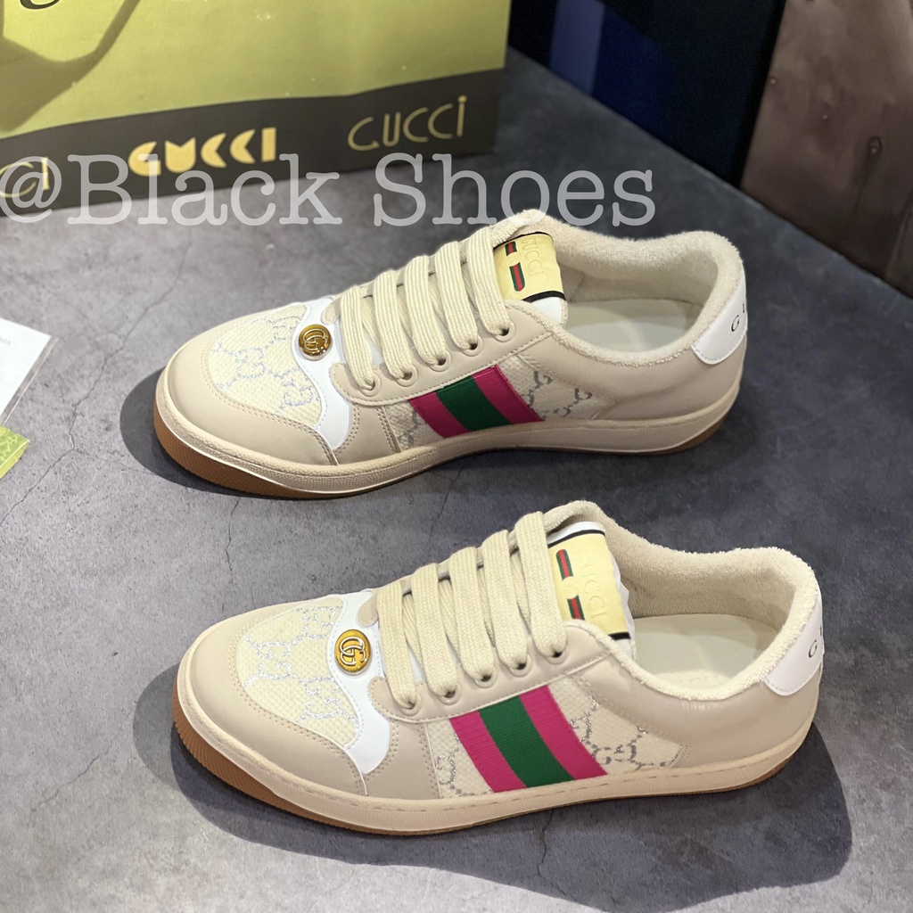 Giày Thể Thao Gucci Screener Leather Sneakers Phối Màu Hồng Xanh Lá GG Beige Pink Green Cao Cấp White Lamé'2C830-9150