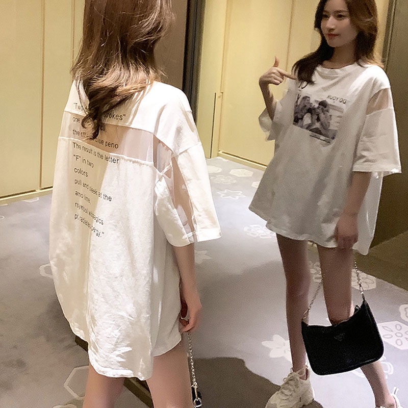 Áo Thun Cotton Tay Ngắn Dáng Rộng Phối Lưới Thời Trang Hàn Quốc Mới 2022