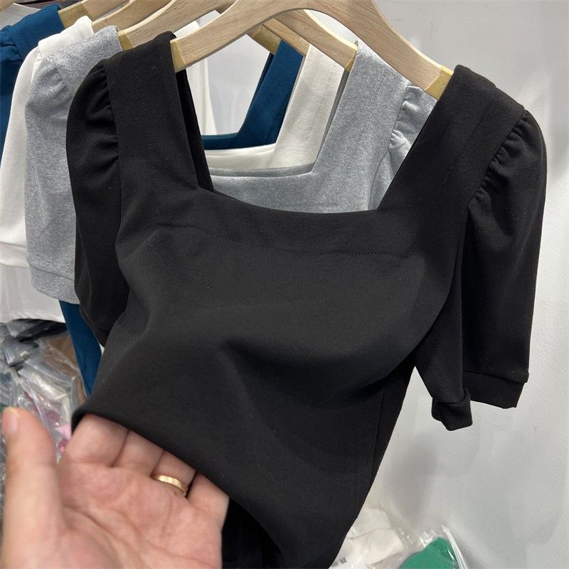 Áo BH tay ngắn phồng cổ vuông vải cotton phong cách Hàn Quốc