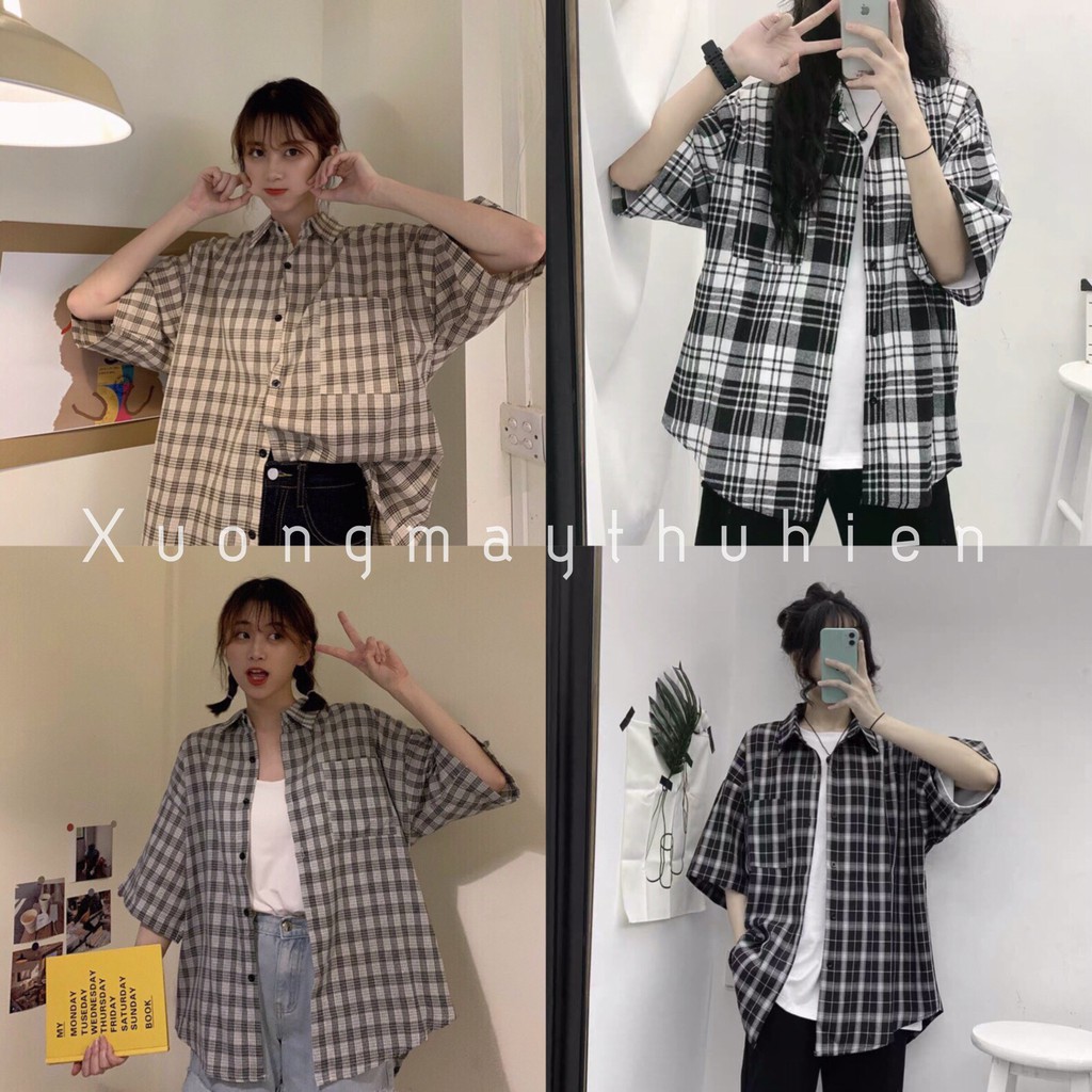 Áo khoác nhẹ kiểu dáng sơ mi kẻ cộc tay form rộng unisex thời trang hàn quốc_xuongmaythuhien | BigBuy360 - bigbuy360.vn
