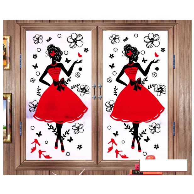 Decal Dán Kính Cao Cấp - Cô Gái Đầm Đỏ ( 60x116cm )