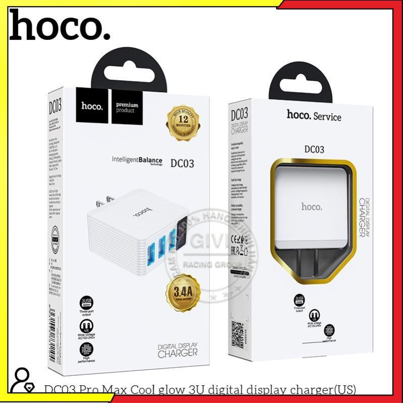 Cóc sạc nhanh 3 cổng USB 3.4A Hoco DC03 Pro Max, màn hình led, tương thích nhiều thiết bị