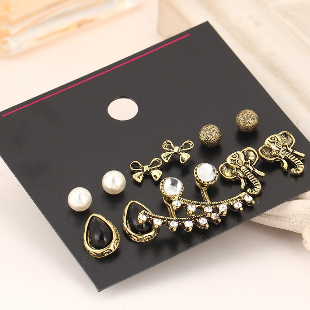 Set 6 Đôi Khuyên Tai HìNh Nơ / Voi ĐíNh Kim Cương Giả ThờI Trang Cho Nữ