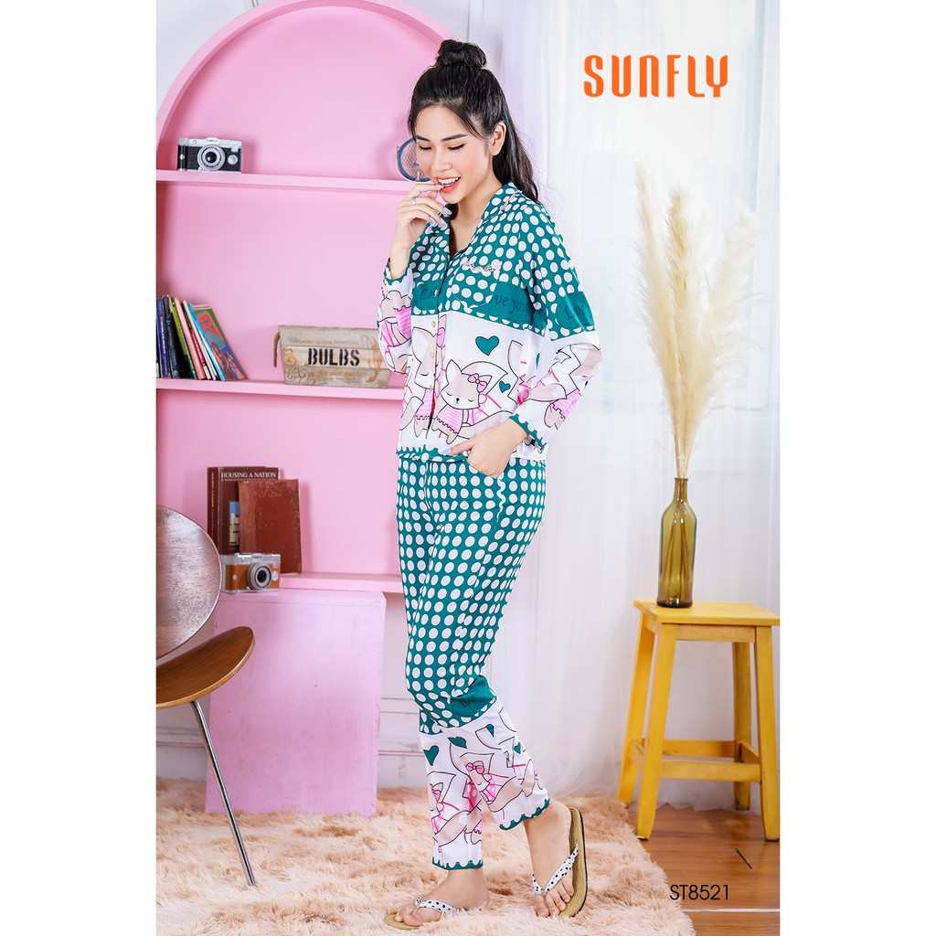 Đồ bộ Pijamas lụa SUNFLY áo dài tay, quần dài ST8521