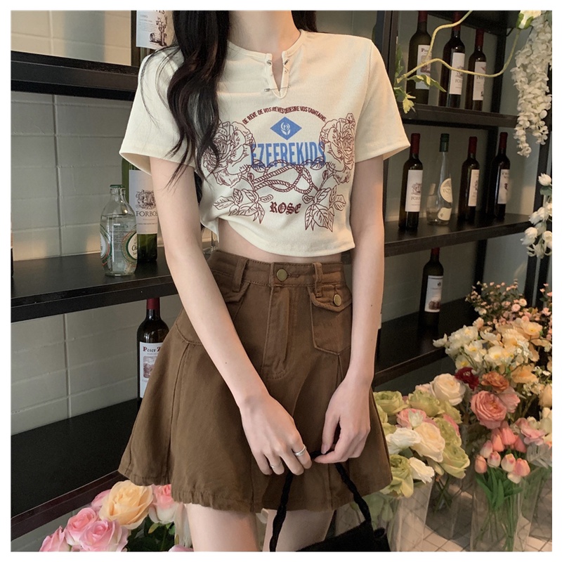 Áo kiểu SUXI tay ngắn cổ chữ V in họa tiết chữ cái thời trang dành cho nữ