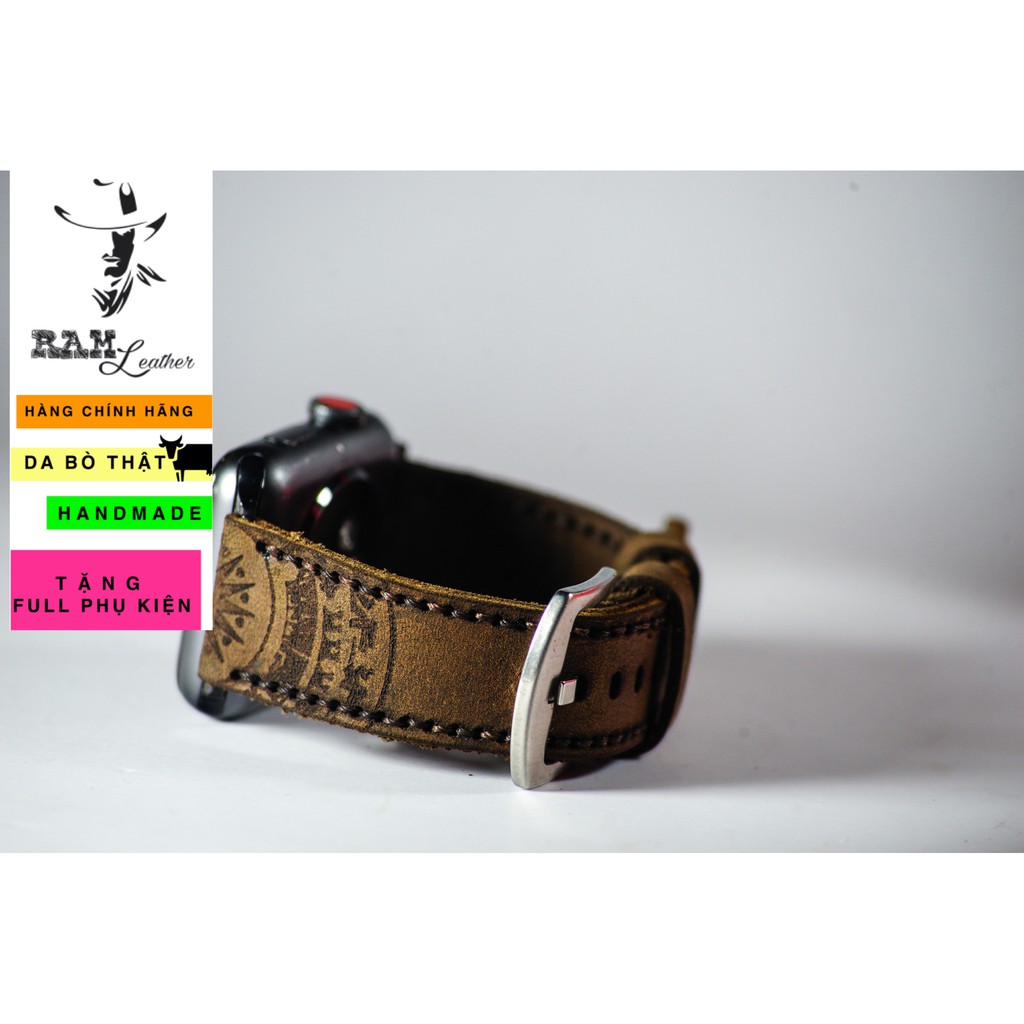 Dây đồng hồ Apple Watch , Iwatch , Iphone Watch Da Bò Nâu Đất Họa Tiết Trống Đồng RAM Leather  Bền Đẹp