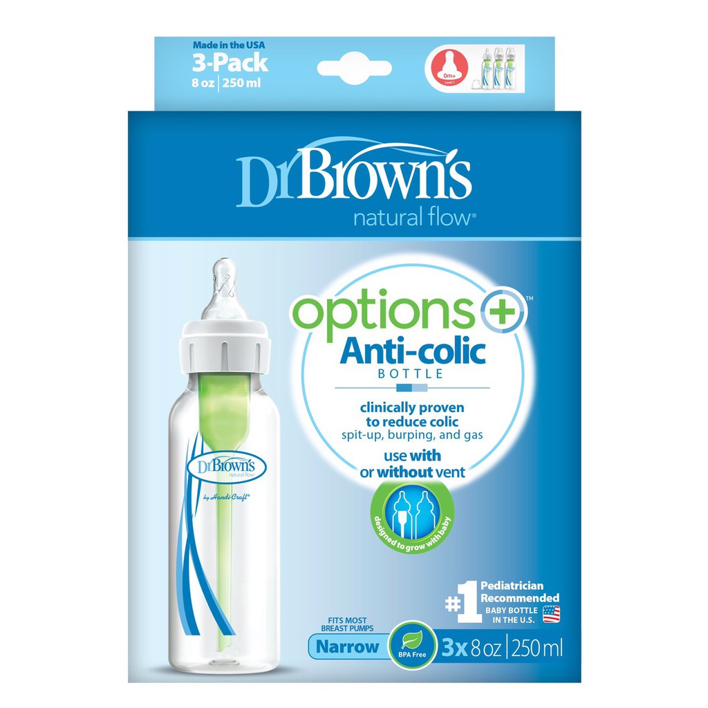 Set 3 bình sữa cổ thường hẹp Dr Browns Natural Flow Anti Colic dung tích 120ml / 250 ml