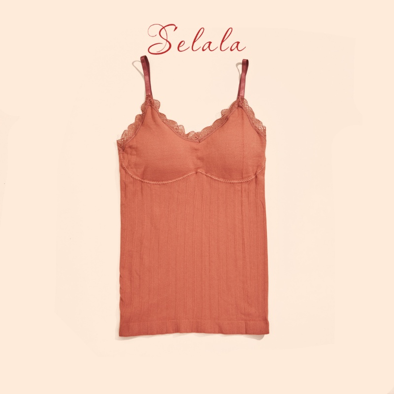 Áo 2 Dây Selala Dáng Dài Gân Tăm Viền Ren Co Giãn 4 Chiều 2S08