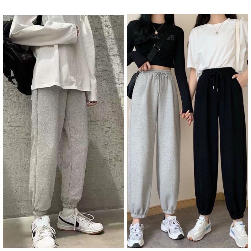 Quần jogger nam nữ ống rộng dây rút dáng dài chất da cá dày dặn màu đen mùa đông - Quần nỉ nữ ống bo gấu ống suông thụng